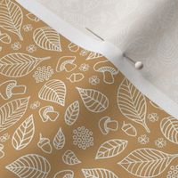 Little forest leaves and toadstools autumn woodland boho design hand drawn outline white on ochre yellow caramel