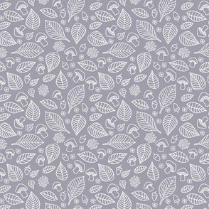 Little forest leaves and toadstools autumn woodland boho design hand drawn outline white on blue berry purple