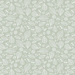 Little forest leaves and toadstools autumn woodland boho design hand drawn outline white on minty mist green 