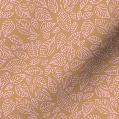 Little autumn leaves boho garden scandinavian vintage outline leaf design pink on caramel