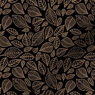 Little autumn leaves boho garden scandinavian vintage outline leaf design gold on black