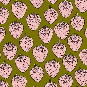 strawberries - soft pink on olive green