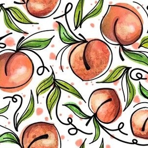 Watercolor Peaches - Green Leaves