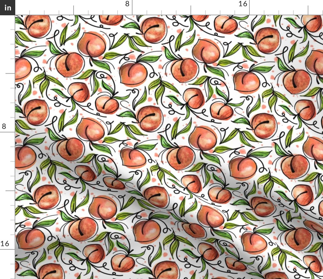 Watercolor Peaches - Green Leaves