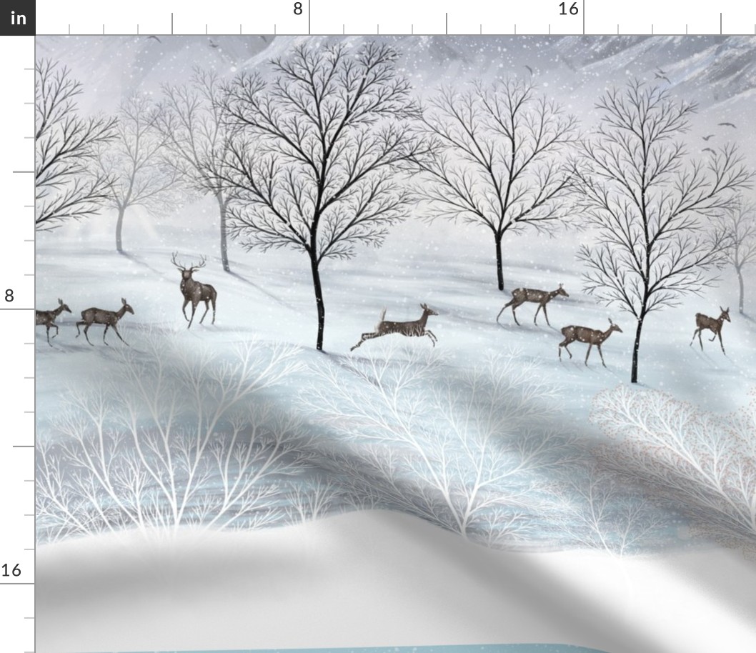 Snowy mountains with deers and trees 1 yard high