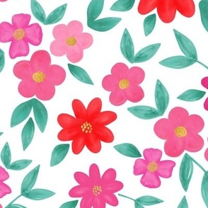 Watercolor Spring Flowers of Joy and Happiness, Colorful Floral Hand-painted Pattern in Pink, Bright Red and Mint Green on White