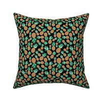 Tropical pineapple garden sweet summer fruit design in caramel brown green on black