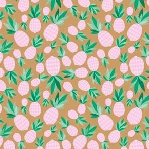 Tropical pineapple garden sweet summer fruit design in pink green on caramel brown