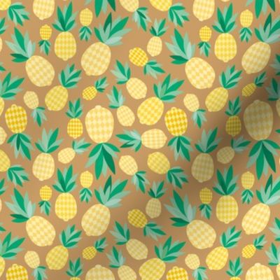 Tropical pineapple garden sweet summer fruit design in yellow on caramel brown