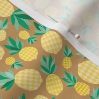 Tropical pineapple garden sweet summer fruit design in yellow on caramel brown