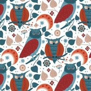 Scandinavian Moon and Owls on White