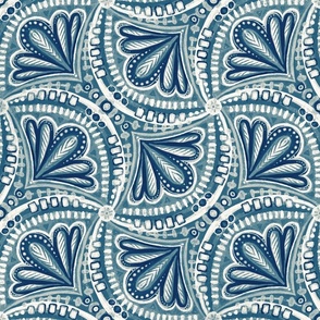 Dark Blue, Teal and Off White Textured Fan Tessellations - large