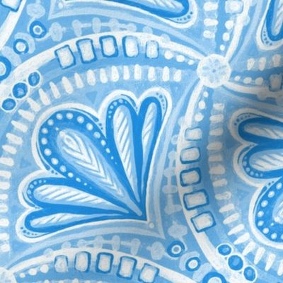 Blue and White Monochrome Textured Fan Tessellations - large