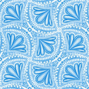 Blue and White Monochrome Textured Fan Tessellations - large