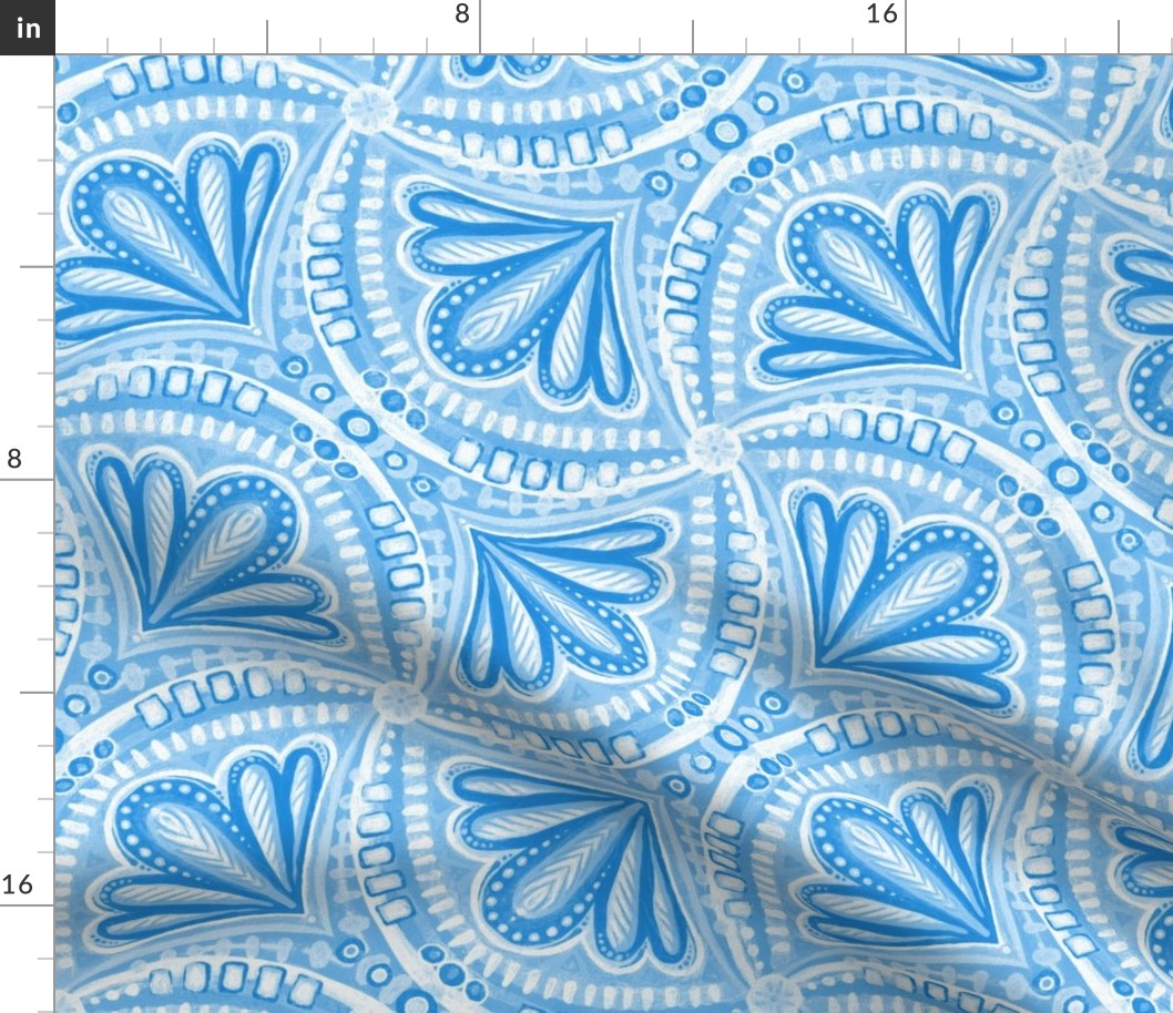 Blue and White Monochrome Textured Fan Tessellations - large