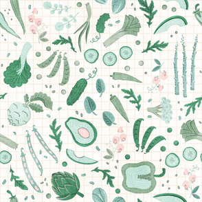 Mod Green Veggies & Herbs (gingham linen)