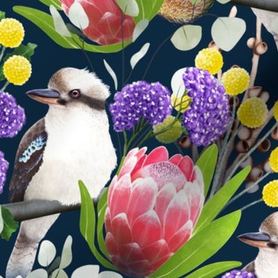 Curious Kookaburras with Native Australian Flowers - against navy blue 