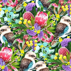 Australian Kookaburras with Lush Floral Detail