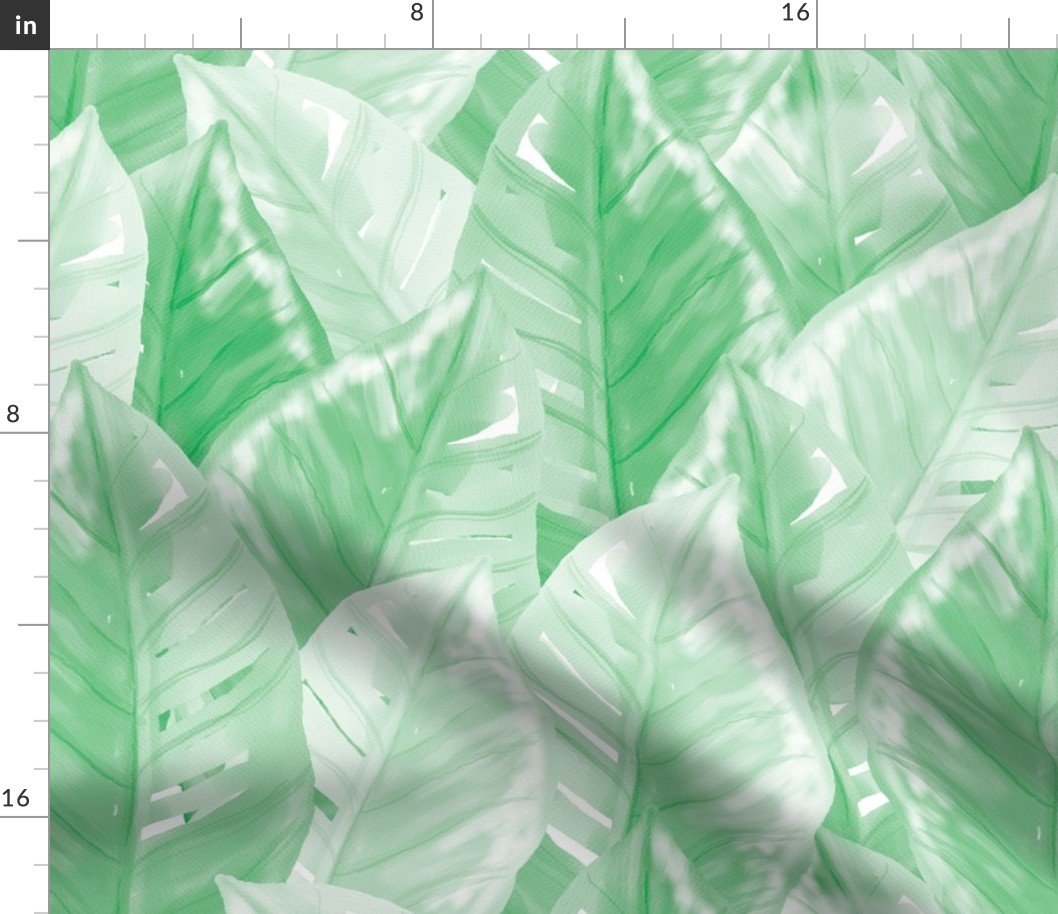 Modern Hand-painted Watercolor Big Tropical Leaves Pattern, Pastel Jungle Green Color