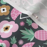 Flamingo birds and pineapples sweet tropical blossom garden and animals kids design pink mint green gray caramel on charcoal gray