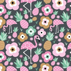 Flamingo birds and pineapples sweet tropical blossom garden and animals kids design pink mint green gray caramel on charcoal gray