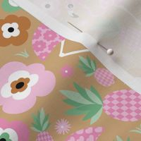 Flamingo birds and pineapples sweet tropical blossom garden and animals kids design pink mint green caramel on caramel beige