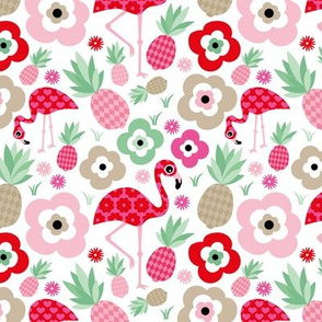 Flamingo birds and pineapples sweet tropical blossom garden and animals kids design pink mint green beige red on white