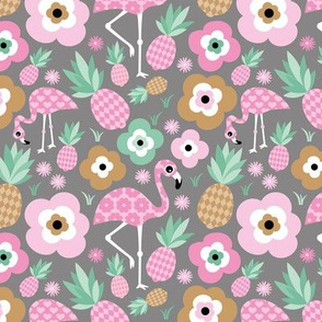 Flamingo birds and pineapples sweet tropical blossom garden and animals kids design pink green beige red on gray 