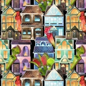 Watercolor picturesque houses and giant carnivorous plants