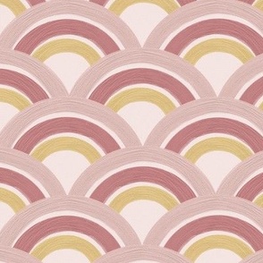 Oil Painted Pastel Rainbows, Cute Japanese Rainbow Wave Pattern in Soft Blush Pink and Golden Colors, Beautiful Texture