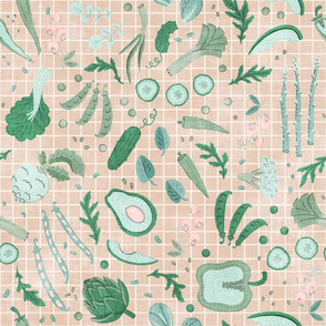 Mod Green Veggies & Herbs (gingham beige)