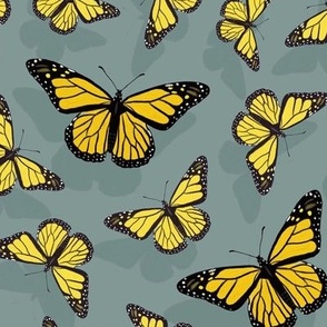 Hand-painted Monarch Butterflies in Yellow and Gray, Oil Painted Butterfly Pattern