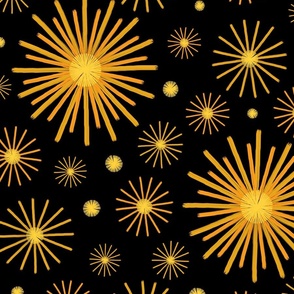 Abstract Hand-painted Golden Fireworks, Vintage Festive Pattern with Beautiful Acrylic Texture, Gold and Black Color