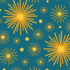 Abstract Hand-painted Golden Fireworks, Vintage Festive Pattern with Beautiful Acrylic Texture, Gold and Blue Teal Color