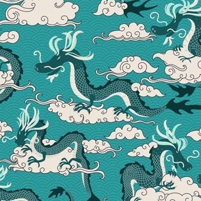 chinese dragons in the sky - teal