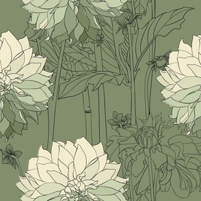 Illustrated Gradient Botanical - Giardino Segreto - Dinner Plate Dahlia - Historic Green