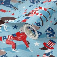 Normal scale // Greyhounds USA parade // cornflower blue background vivid red white and classic blue stars and stripes cute dogs