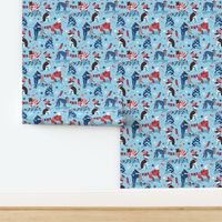 Normal scale // Greyhounds USA parade // cornflower blue background vivid red white and classic blue stars and stripes cute dogs