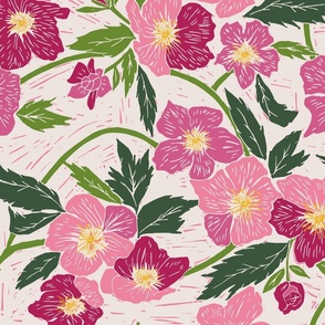 Winter roses block printed floral in French rose