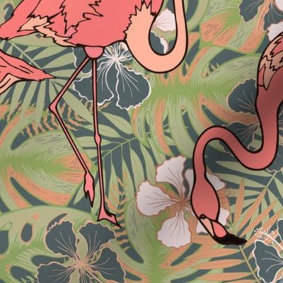 Flamingo and tropical flowers