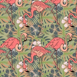 Flamingo and tropical flowers