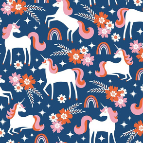 Unicorn Dreams // LARGE //  Navy Orange Pink