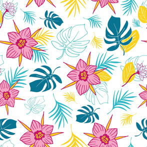 Exotic orchid and leaves in seamless pattern