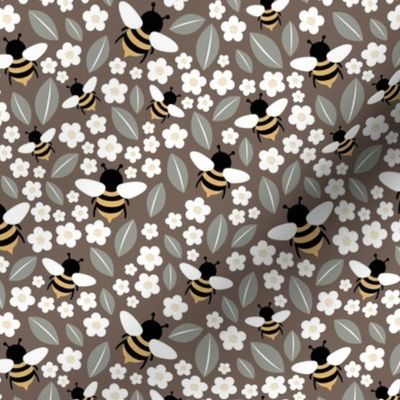 Bees flowers and leaves lush poppy kids summer garden gray brown chocolate white yellow 
