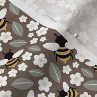 Bees flowers and leaves lush poppy kids summer garden gray brown chocolate white yellow 
