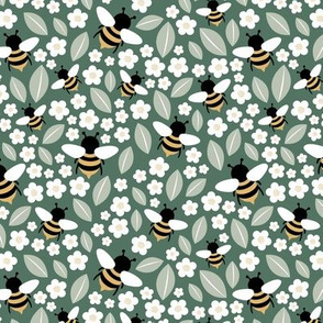 Bees flowers and leaves lush poppy kids summer garden sage green gray mist white yellow