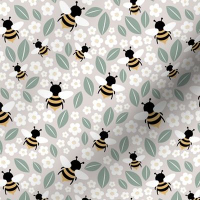 Bees flowers and leaves lush poppy kids summer garden soft gray mist green white yellow 