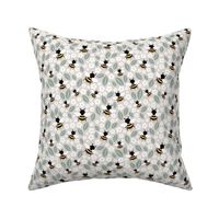 Bees flowers and leaves lush poppy kids summer garden soft gray mist green white yellow 