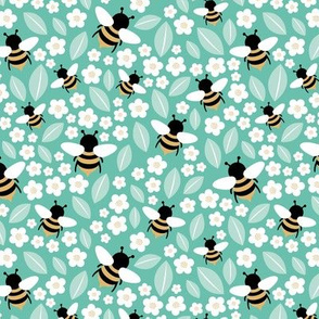 Bees flowers and leaves lush poppy kids summer garden teal blue turqoise white yellow