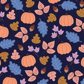 Fall forest leaves and pumpkin fruit acorns and branches peach blue on navy 